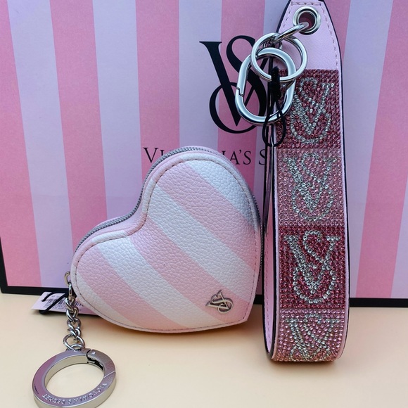 Victoria's Secret Pink Striped Heart & Pink Monogram Rhinestone Keychain Bundle - Picture 1 of 11